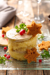 mashed potato with gingerbread toast and foie gras