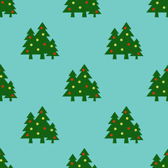 Seamless pattern. Image of green Christmas trees with balls on pastel green blue background. Symbol of New Year and Christmas. Template for application to surface. 3D image. 3d rendering