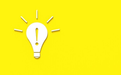 White light bulb with shadow on yellow background. Illustration of symbol of idea. Exclamation point inside light bulb. 3D image. 3D rendering.