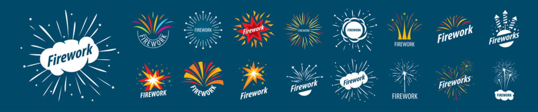 A set of vector logos Fireworks on a dark background