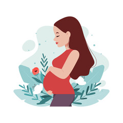 Pregnant woman illustration concept. Pregnant woman hugs her belly