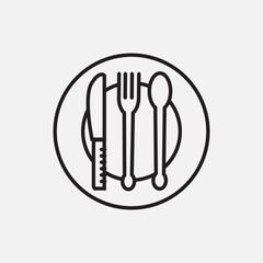 knife fork and spoon illustration on plate black line vector