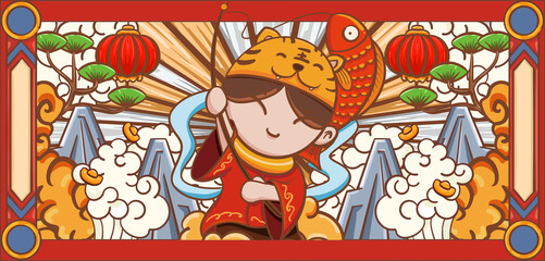 Fototapeta premium Cartoon hand drawn illustration design of Chinese New Year and the year of the tiger