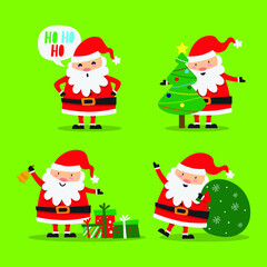 Set of cute santa claus cartoon character with gift, bag with presents, waving and greeting. For Christmas cards, banners, tags and labels.