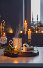 hot drink with cake and christmas decorations  on white table in kitchen