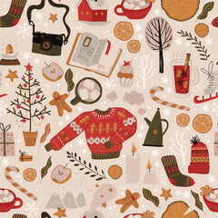 Winter holiday seamless pattern with sweater, snow, tree, cocoa and other winter symbols. Christmas and New Year decorations.