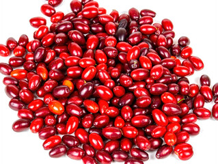 Red berries of a dogwood plant on a white background. Cornus mas. Fruit berries. Harvesting. Agricultural gardening. Healthy eating. Vitamin dessert.