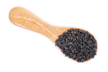 Black sesame seeds organic in wooden spoon on white background. Health food concept.