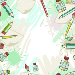 Vector  background with paints brushes and pencils and blots. A background about art and creativity in muted pastel colors. Children's tools for painting 