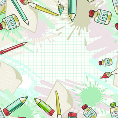 Vector  background with paints brushes and pencils and blots. A background about art and creativity in muted pastel colors. Children's tools for painting 