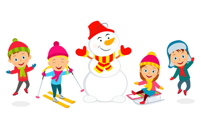 kids and snowman on the white background