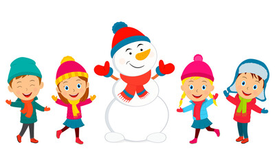 kids and snowman on the white background