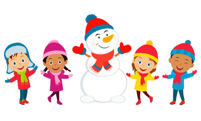 kids and snowman on the white background