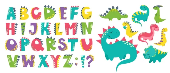 Selbstklebende Fototapeten Vector set for printing on baby clothes. Different cute dinosaurs, alphabet stylized as dinosaurs. Bright letters and monsters. © Alena