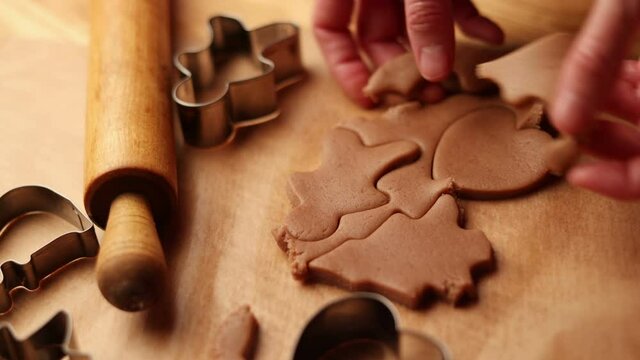 hands of girl baking Christmas gingerbread cookies. Details of Christmas preparations 
