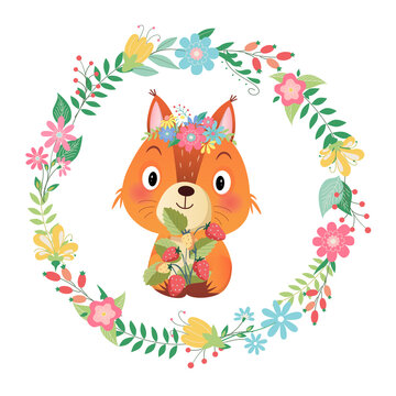 Illustration of little cute squirrel with leaves and flowers wreath Spring and summer on white Background