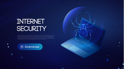 Cyber security isometric illustration. Laptop isometric with virus spider detected. Digital technology data protection.