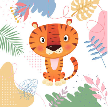 Wild and free Illustration of little cute tiger with leaves and flowers Spring and summer on white Background