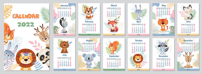 Stylish 2022 Yearly Calendar design with wild animals with wreath and flowers on white