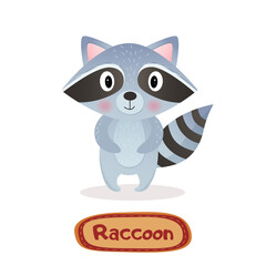 Cartoon funny Raccoon cartoon waving with signature text on white Background