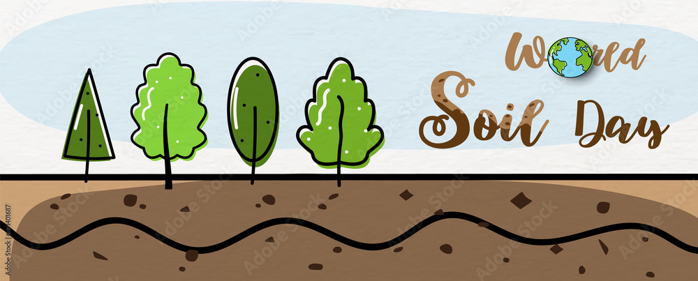 Poster landscape of different trees grow in ground and draw in flat style with wording design of world soil