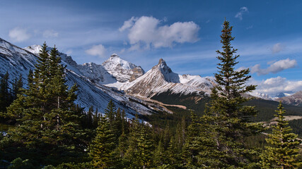 Stunning view of snow-capped Mount Athabasca and Hilda Peak viewed from Parker Range in Banff National Park, Alberta, Canada in the Rocky Mountains.