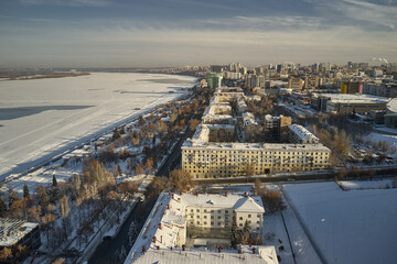 Scenic aerial view of geography center of ancient historic touristic city Samara in Russian Federation. Beautiful winter sunny look from above to downtown
 of old big city in Russia 