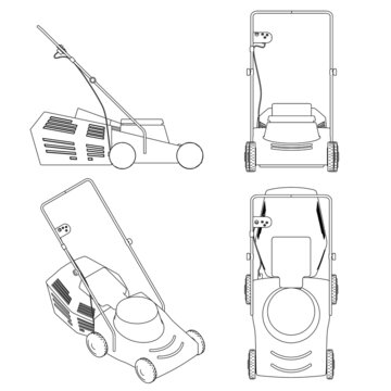 Set with contours of a lawn mower from black lines isolated on a white background. Side view, front, isometric, top. Vector illustration