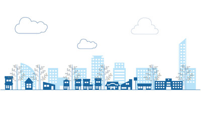 シンプルな建物ビルディングのアイコンで描かれた街並みの2色風景イラスト