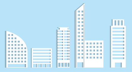 Obraz premium シンプルな建物 オフィスビル建築物のペーパークラフト切り絵風アイコン 立体 イラストセット
