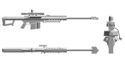 Set with rifles with telescopic sight isolated on white background. Side, top, front view. 3D. Vector illustration