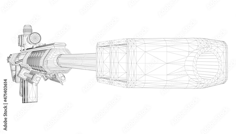 Poster wireframe with rifle with telescopic sight from black lines isolated on white background. perspectiv