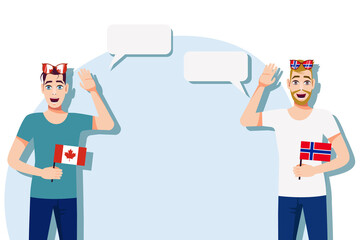 Men with Canadian and Norwegian flags. The concept of international communication, education, sports, travel, business. Dialogue between Canada and Norway. Vector illustration.