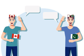 The concept of international communication, sports, education, business between Canada and Pakistan. Men with Canadian and Pakistani flags. Vector illustration.