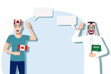 Men with Canadian and Saudi flags. Background for text. Communication between native speakers of Canada and Saudi Arabia. Vector illustration.