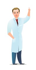 Optimistic doctor in dressing gown. Cheerful persons in standing pose. Cartoon comic style flat design. Separate character. Illustration isolated on white background. Vector