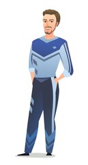 Man in tracksuit. Guy got ready for sports activities. Cheerful person. Standing pose. Cartoon comic style flat design. Single character. Illustration isolated on white background. Vector