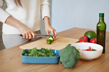 Closeup woman's hands cooking vegan salad with fresh vegetables. Model cutting with knife avocados, broccoli, kale salad, cucumbers and tomatoes in white kitchen