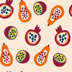 Fototapeta na wymiar Exotic fruits seamless pattern. Papaya, Pomegranate and Passion fruit. Modern abstract design for paper, cover, fabric, interior decor. Cartoon style. Vector illustration.