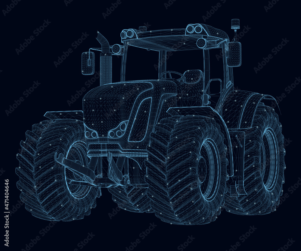 Aufkleber wireframe of a large tractor made of blue lines with glowing lights isolated on a dark background. p