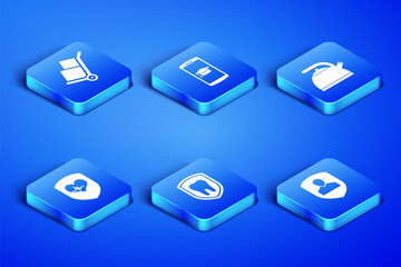 Set User protection, Hand truck and boxes, Dental, Shield heart rate, Graduation cap mobile and Kettle with handle icon. Vector