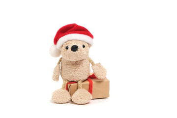 Little cute soft bear in Santa Claus hat is sitting on gift box.Isolate on white background.