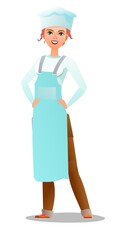 Female cook in overalls. Girl from kitchen in an apron. Cheerful person. Standing pose. Cartoon comic style flat design. Single character. Illustration isolated on white background. Vector