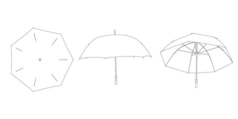 Set with contours of umbrella from black lines isolated on white background. Top, side, bottom view. Vector illustration