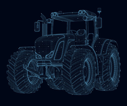Wireframe of a large tractor made of blue lines with glowing lights isolated on a dark background. Perspective view. 3D. Vector illustration