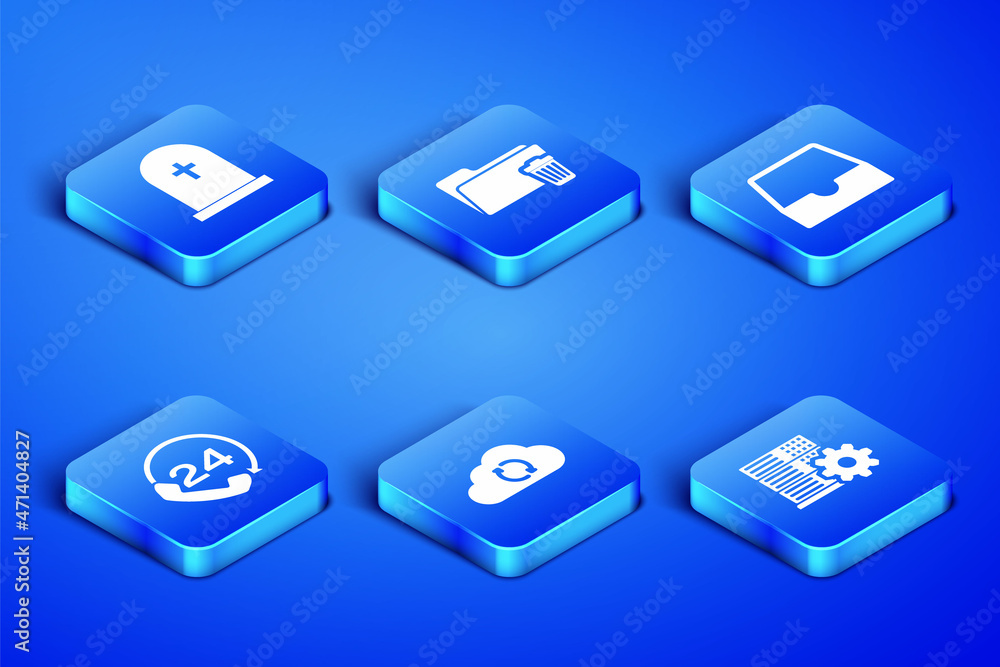 Poster set server setting, tombstone with cross, cloud sync refresh, telephone 24 hours support, delete fol