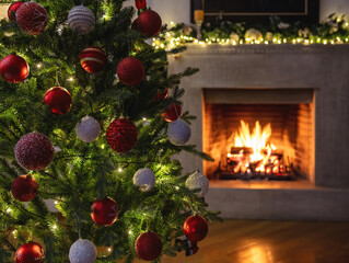 Christmas cozy living room background. Xmas tree decoration, burning fireplace, winter holiday home