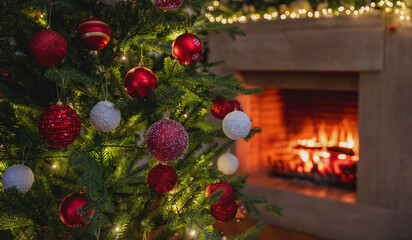 Christmas cozy living room background. Xmas tree decoration, burning fireplace, winter holiday home