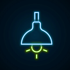 Glowing neon line Lamp hanging icon isolated on black background. Ceiling lamp light bulb. Colorful outline concept. Vector