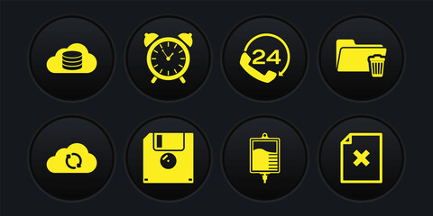 Set Cloud sync refresh, Delete folder, Floppy disk, IV bag, Telephone 24 hours support and Alarm clock icon. Vector